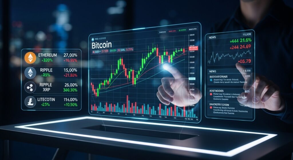Gráfico interativo mostrando o preço do Bitcoin e informações de outras criptomoedas com um fundo noturno.