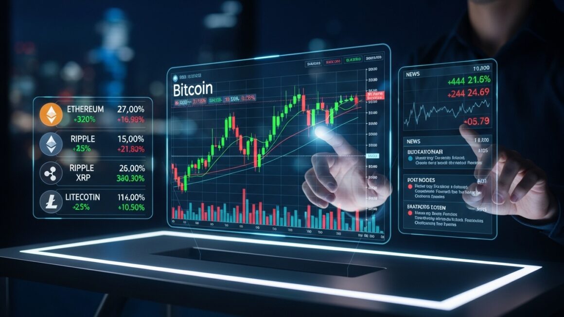 Gráfico interativo mostrando o preço do Bitcoin e informações de outras criptomoedas com um fundo noturno.