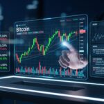 Gráfico interativo mostrando o preço do Bitcoin e informações de outras criptomoedas com um fundo noturno.