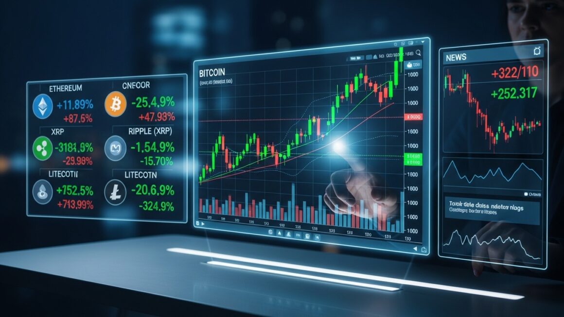 Ilustração de um painel digital exibindo informações sobre criptomoedas, incluindo gráficos de preços e dados de mercado.