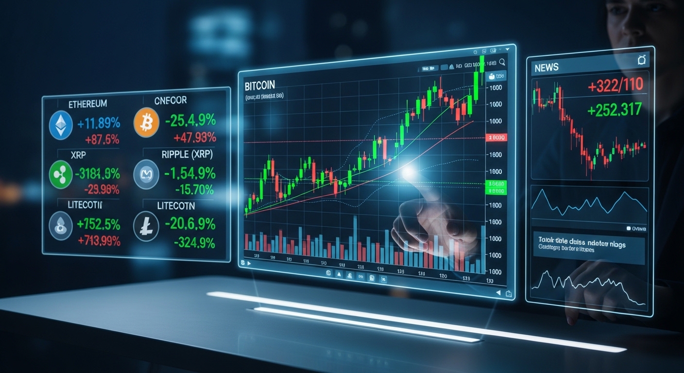 Ilustração de um painel digital exibindo informações sobre criptomoedas, incluindo gráficos de preços e dados de mercado.