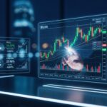 Uma tela holográfica mostrando gráficos de criptomoedas com um usuário interagindo.