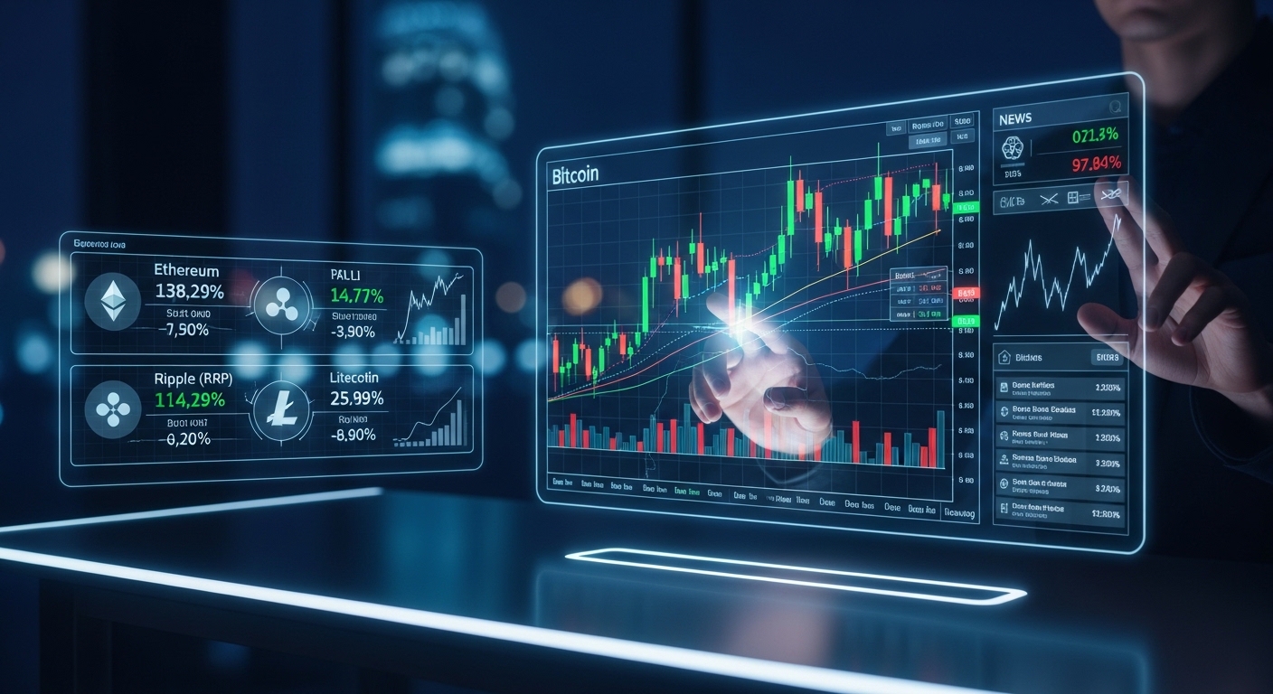 Uma tela holográfica mostrando gráficos de criptomoedas com um usuário interagindo.