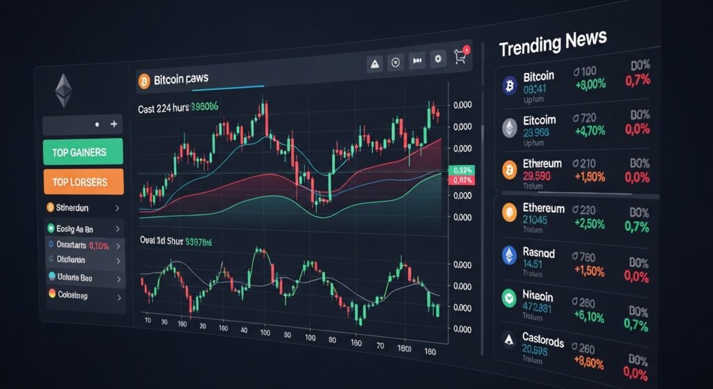 Gráfico de preços de criptomoedas com destaque para Bitcoin, Ethereum e outras. Informações sobre ganho e perda de preço estão visíveis.