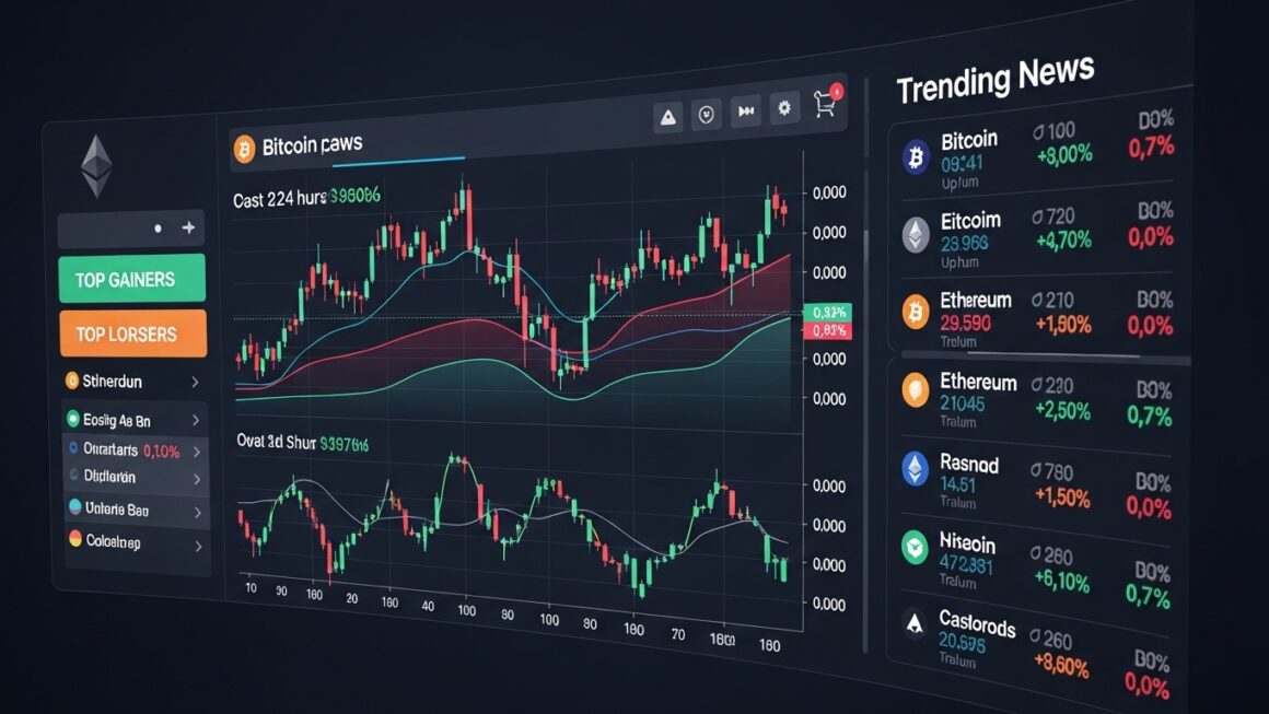 Gráfico de preços de criptomoedas com destaque para Bitcoin, Ethereum e outras. Informações sobre ganho e perda de preço estão visíveis.