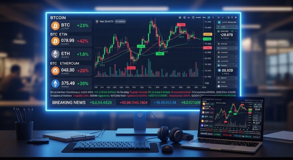 Tela de computador mostrando gráficos de criptomoedas, incluindo Bitcoin, Ethereum e outros dados financeiros.