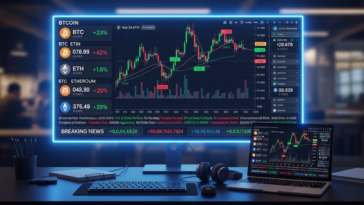 Tela de computador mostrando gráficos de criptomoedas, incluindo Bitcoin, Ethereum e outros dados financeiros.