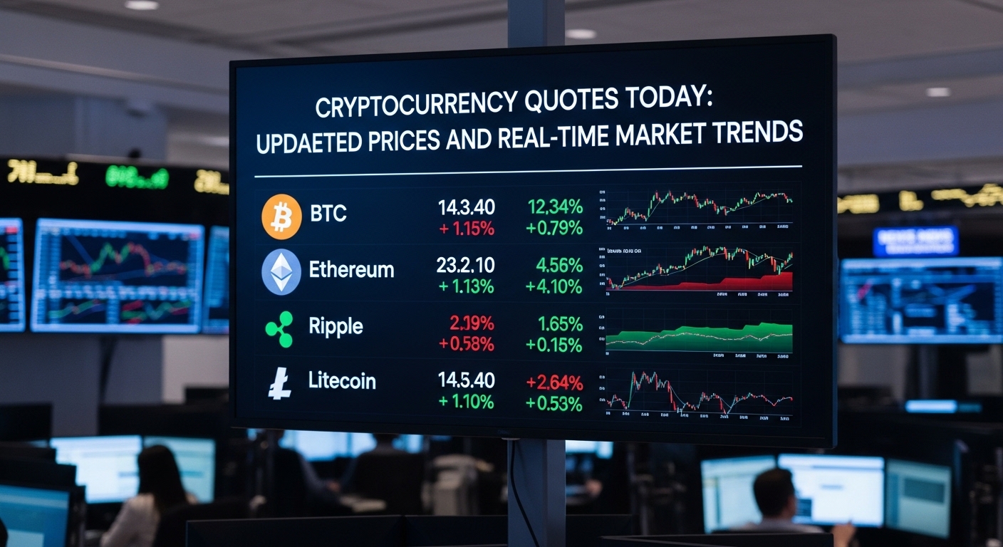 Tela com cotações de criptomoedas em tempo real, exibindo preços e tendências