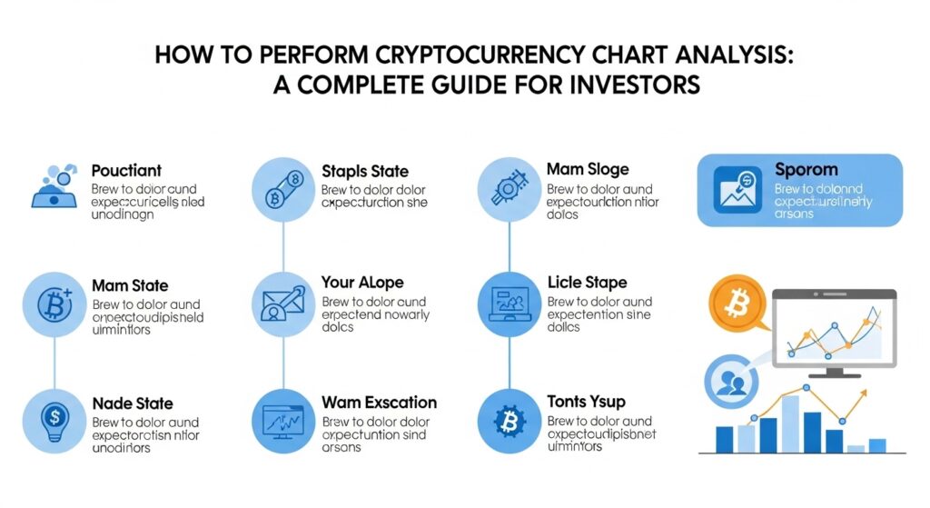 Gráfico de análise de criptomoedas com ícones e etapas estratégicas