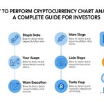 Gráfico de análise de criptomoedas com ícones e etapas estratégicas