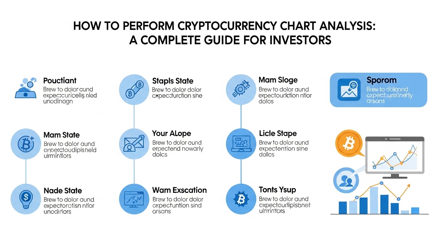 Gráfico de análise de criptomoedas com ícones e etapas estratégicas