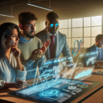 Cinco pessoas em uma reunião analisando dados financeiros em uma tela holográfica sobre criptomoedas.