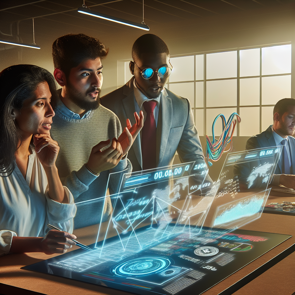 Cinco pessoas em uma reunião analisando dados financeiros em uma tela holográfica sobre criptomoedas.